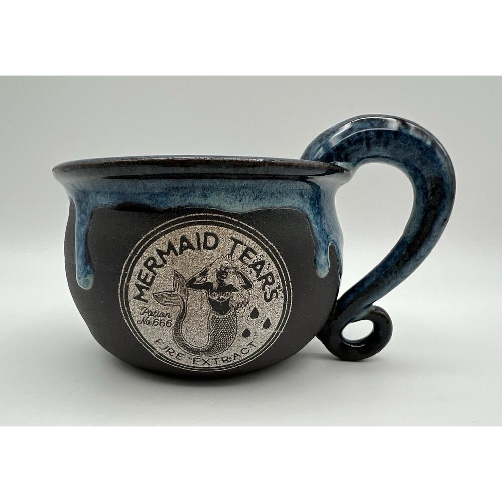 Mermaid Tears & Octopus Ink Art Pottery Blue Glazed 12oz Coffee Mug Signed